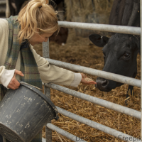 Eine junge Frau füttert eine Kuh aus der Hand.