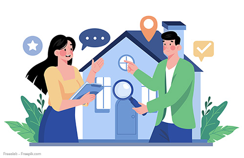 Zwei Personen unterhalten sich über eine Immobilienanalyse