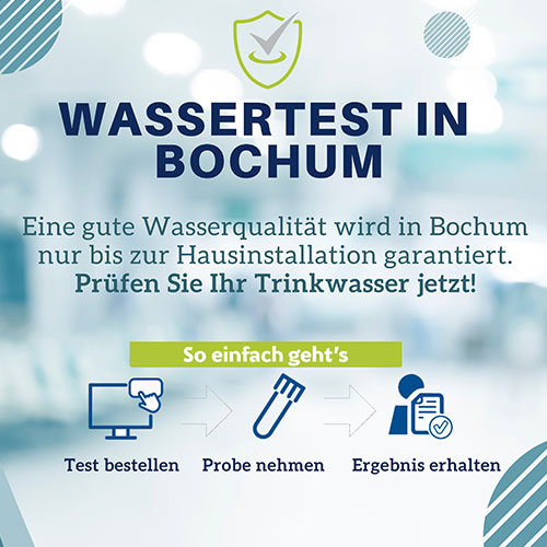 Banner mit Text: „Wassertest in Bochum – Eine gute Wasserqualität wird in Bochum nur bis zur Hausinstallation garantiert. Prüfen Sie Ihr Trinkwasser jetzt! So einfach geht’s – Test bestellen – Probe nehmen – Ergebnis erhalten“