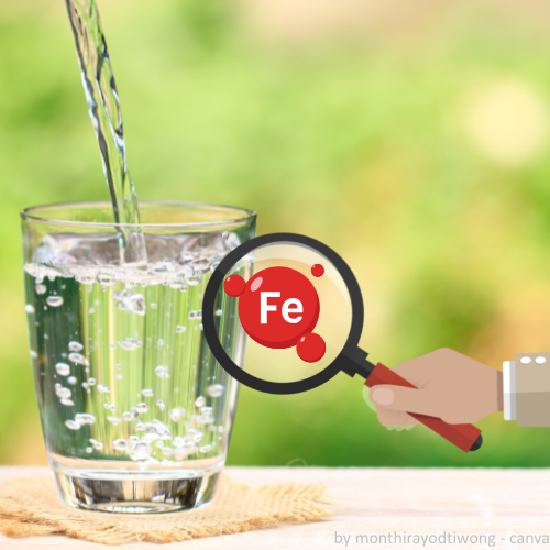 Wasserglas mit einer Hand und einer Lupe. In der Lupe befinden sich Wassertropfen mit der Abkürzung "Fe", welche für Eisen steht.