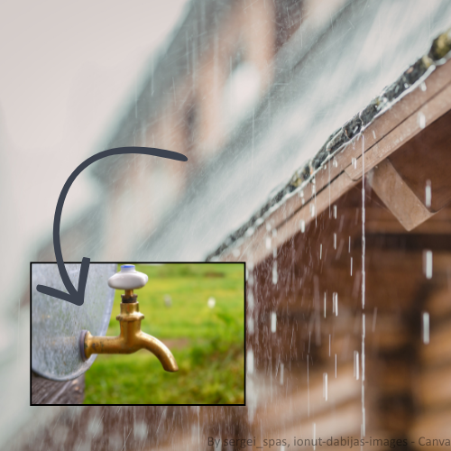 Regen fällt von einem Hausdach und läuft über die Dachrinne ab. Im Vordergrund ist ein eingeblendeter Ausschnitt mit einem Wasserhahn an einem Regenfass zu sehen, auf den ein Pfeil zeigt, der die Nutzung von gesammeltem Regenwasser verdeutlicht.