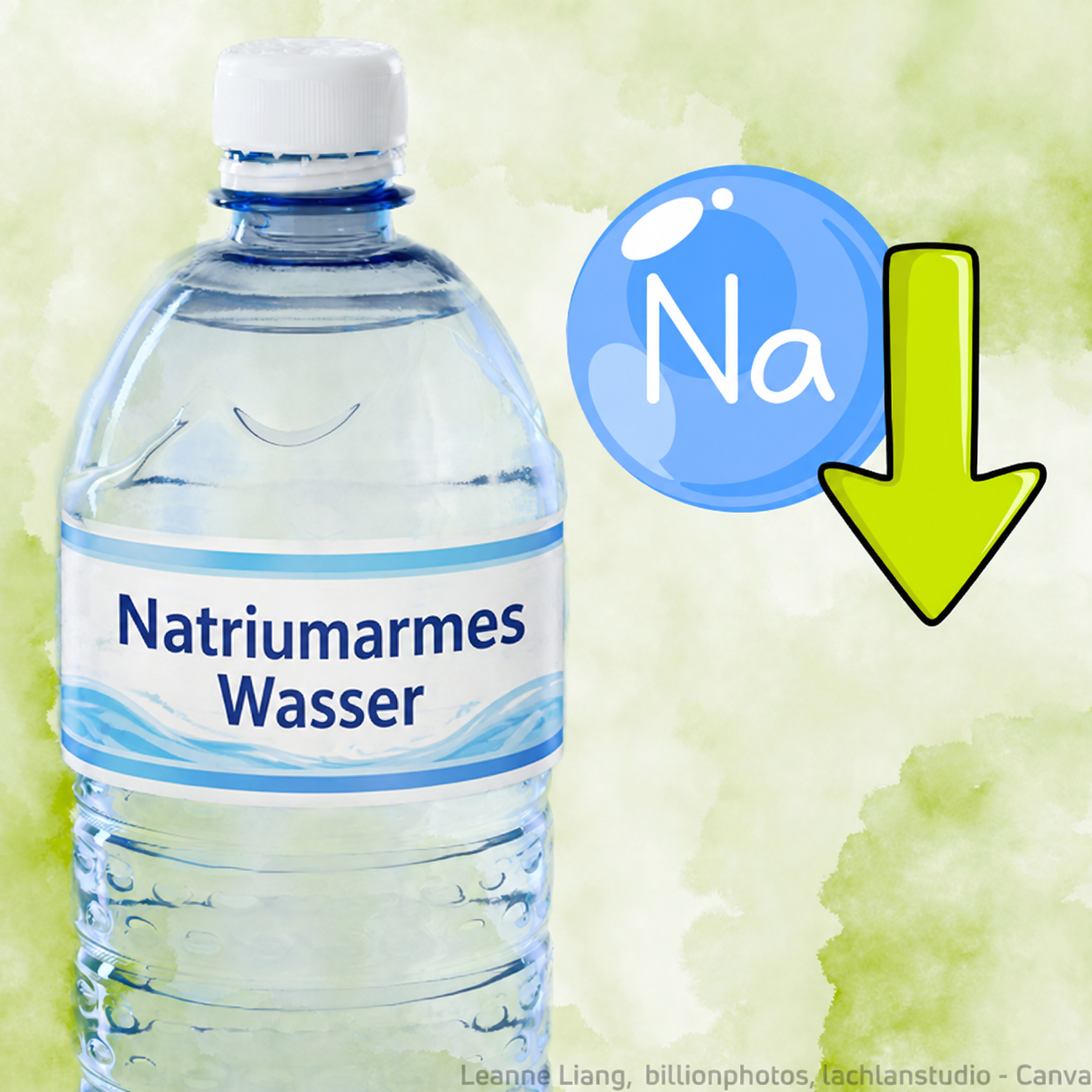 Illustration einer Wasserflasche vor grünlichem Aquarell-Hintergrund. Auf der Flasche befindet sich ein Etikett mit der Aufschrift „Natriumarmes Wasser“. Rechts daneben sind ein blaues Symbol mit „Na“ für Natrium sowie ein gelber Pfeil nach unten zu sehen