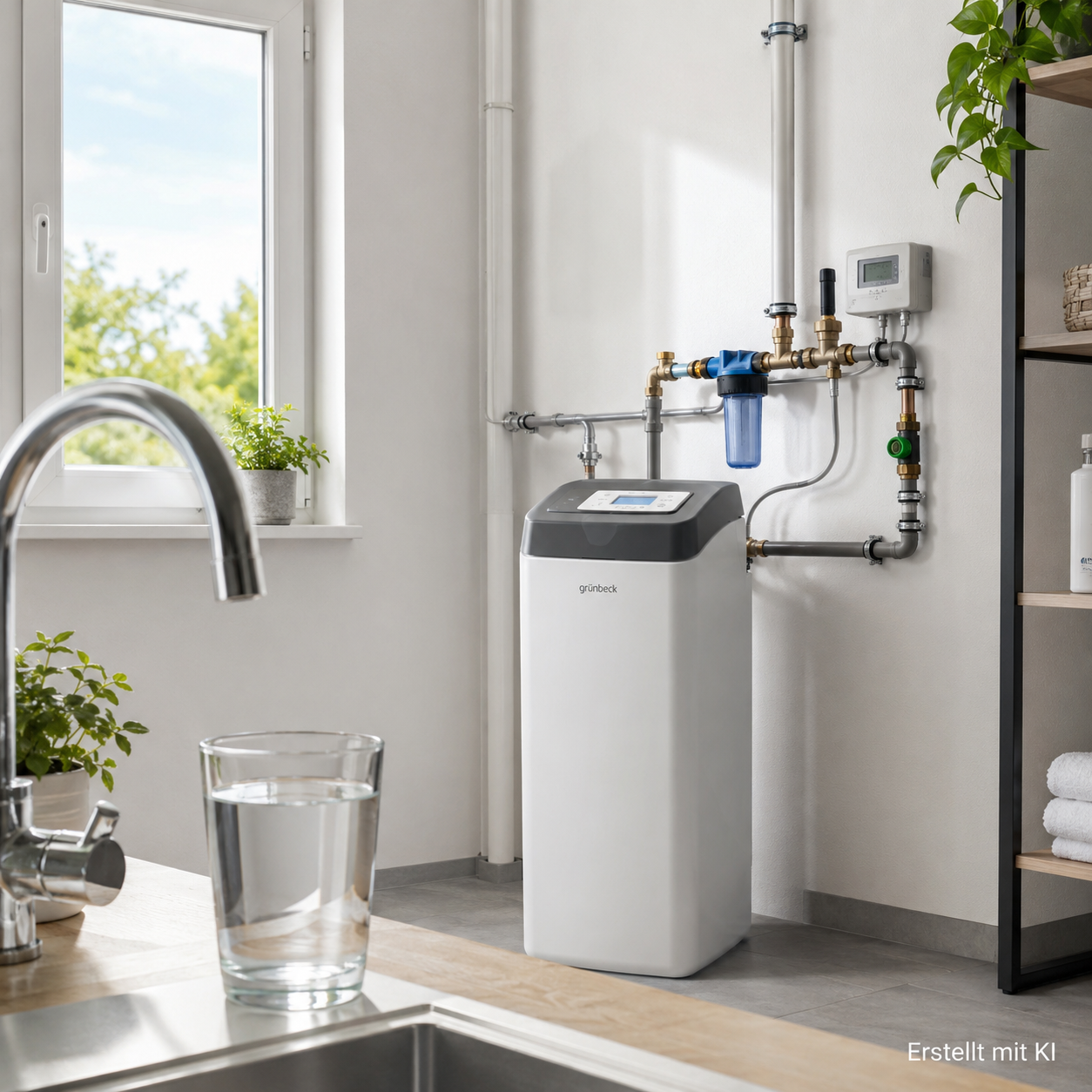 Moderne Wasserenthärtungsanlage an der Trinkwasserleitung in einem hellen Hauswirtschaftsraum.