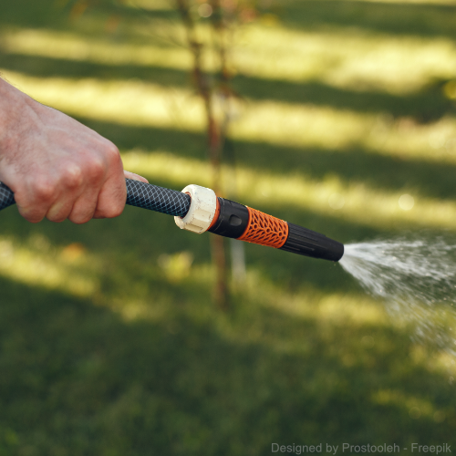 Ein Mann wässert mit einem Gartenschlauch