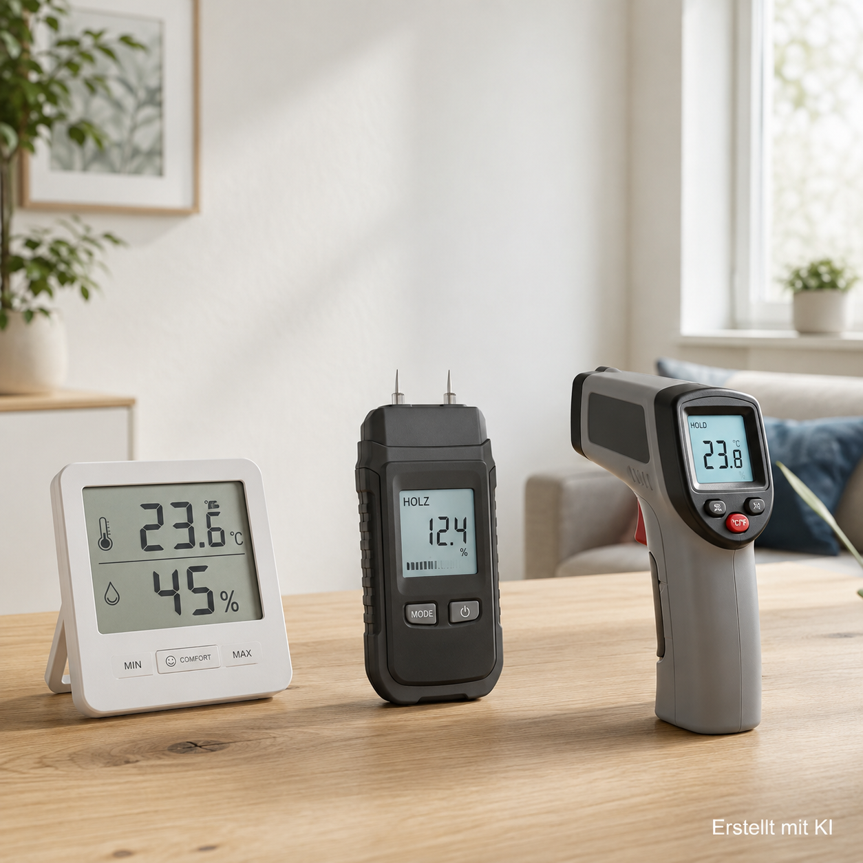 Thermo-Hygrometer, Feuchtemessgerät und Infrarot-Thermometer zur Kontrolle von Feuchtigkeit und Schimmelrisiken.