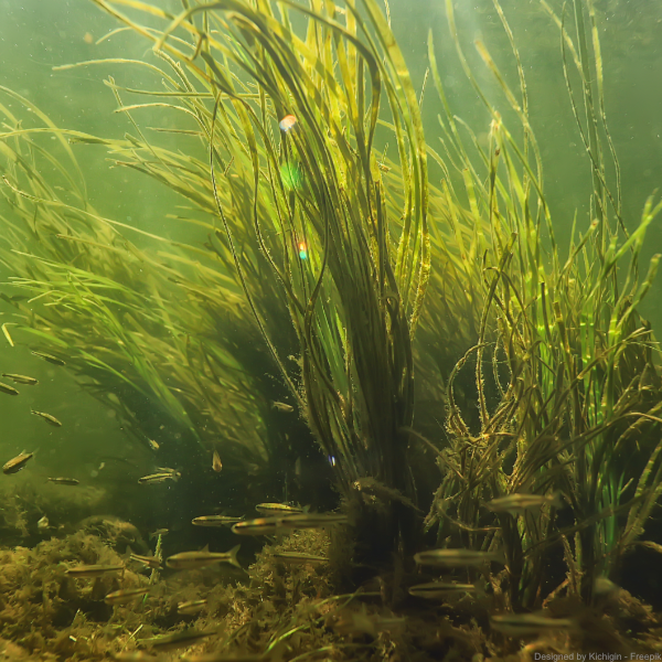 Algen und kleine Fische unter Wasser