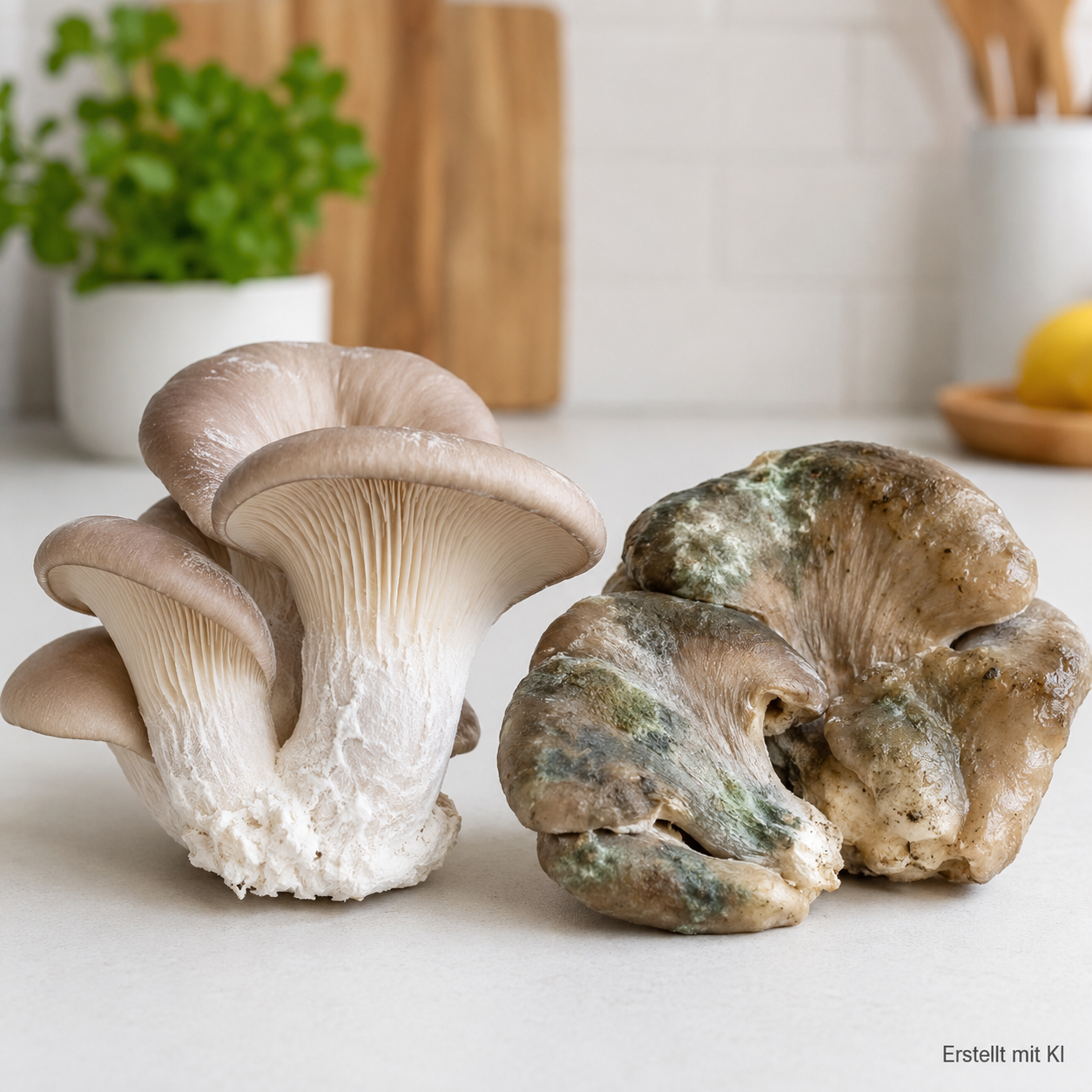 Frische Austernpilze mit weißem Myzel neben Pilzen mit grünlich-grauem Schimmelbelag.