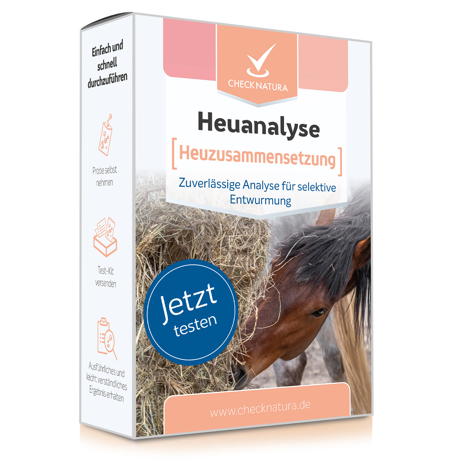 Produktverpackung einer Heuanalyse zur Heuzusammensetzung mit Pferdemotiv und Hinweis auf eine zuverlässige Analyse für die richtige Entwurmung.