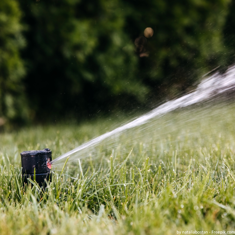 Ein Rasensprinkler im Garten.