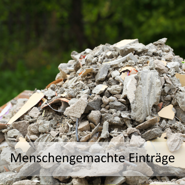 Haufen aus Bauschutt und Erde vor unscharfem Grünhintergrund mit dem Text 'Menschengemachte Einträge'.