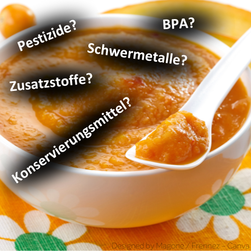 Eine Schüssel mit Babynahrung. Darüber schweben in schwarzen Wolken die Wörter BPA, Pestizide, Schwermetalle, Konservierungsmittel, Zusatzstoffe.