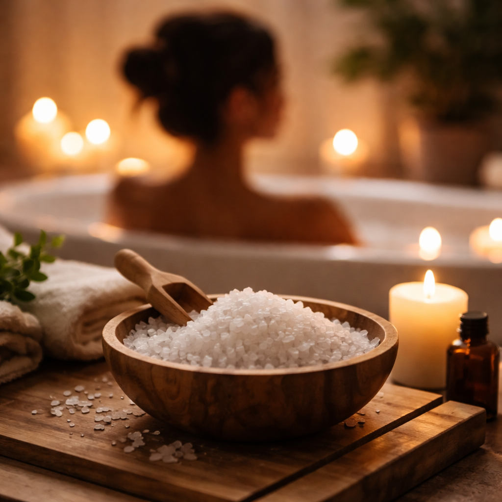 Eine Frau badet. Man sieht im Vordergrund eine Holzschale mit Magnesium Flakes.