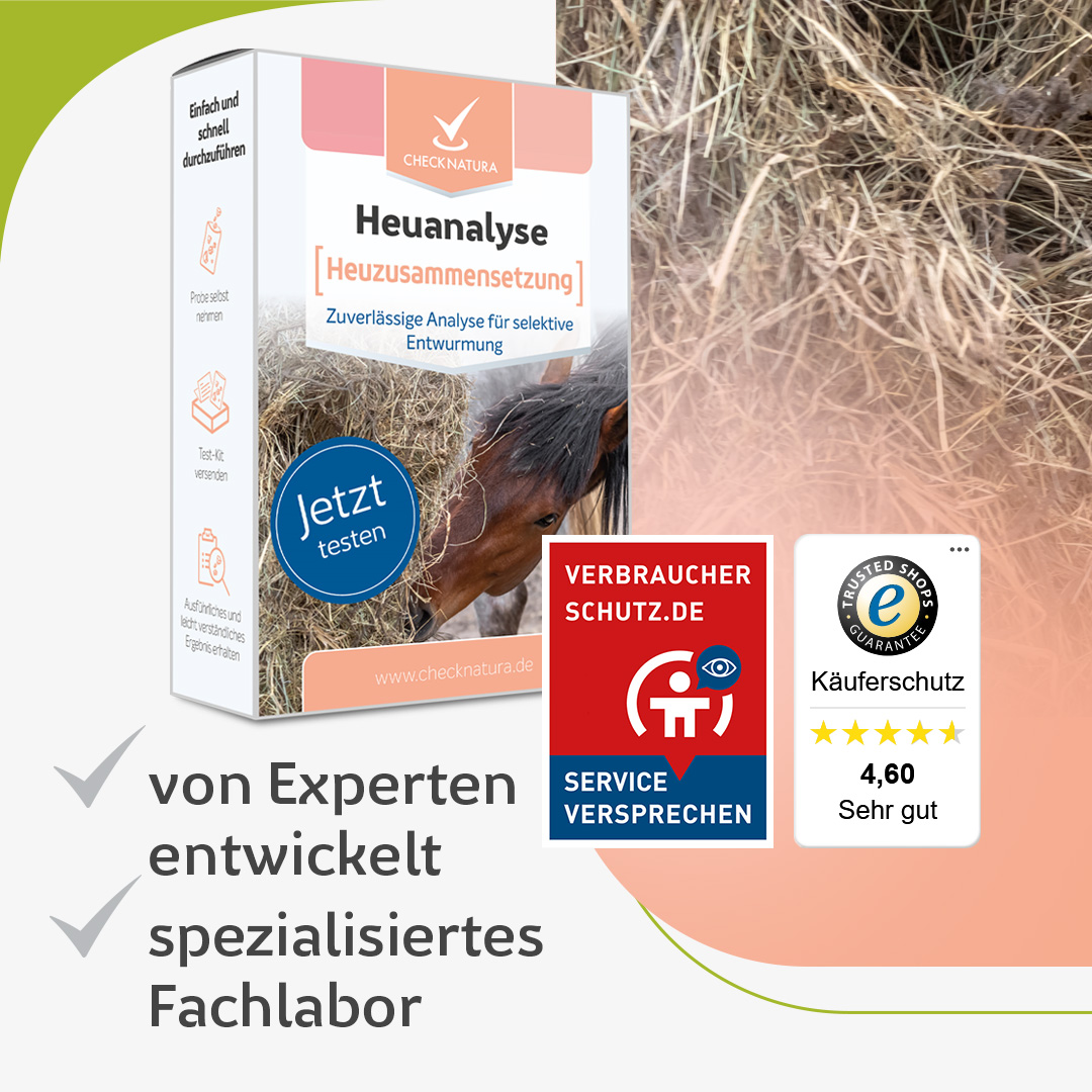 Heuanalyse-Testkit zur Heuzusammensetzung mit Produktverpackung, Heu-Motiv sowie Verbraucher- und Käuferschutzsiegeln.