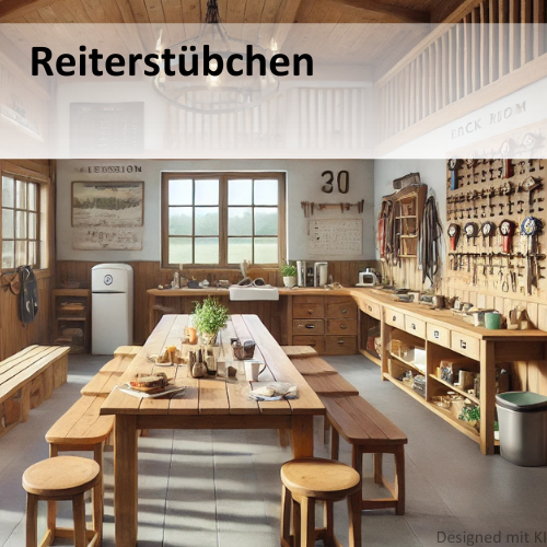 Ein schönes Reiterstübchen mit einem Reitplatz im Hintergrund. 
