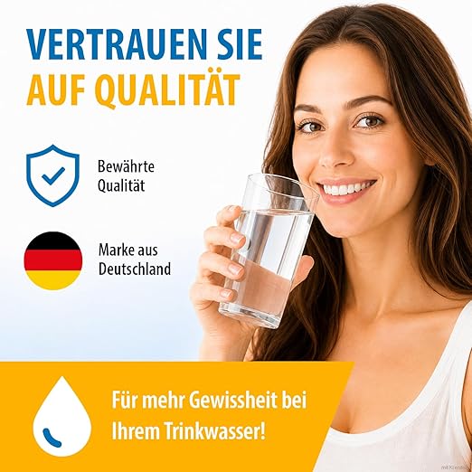 Frau mit Wasserglas und Hinweis auf geprüfte Qualität, deutsche Marke und mehr Sicherheit beim Trinkwasser.
