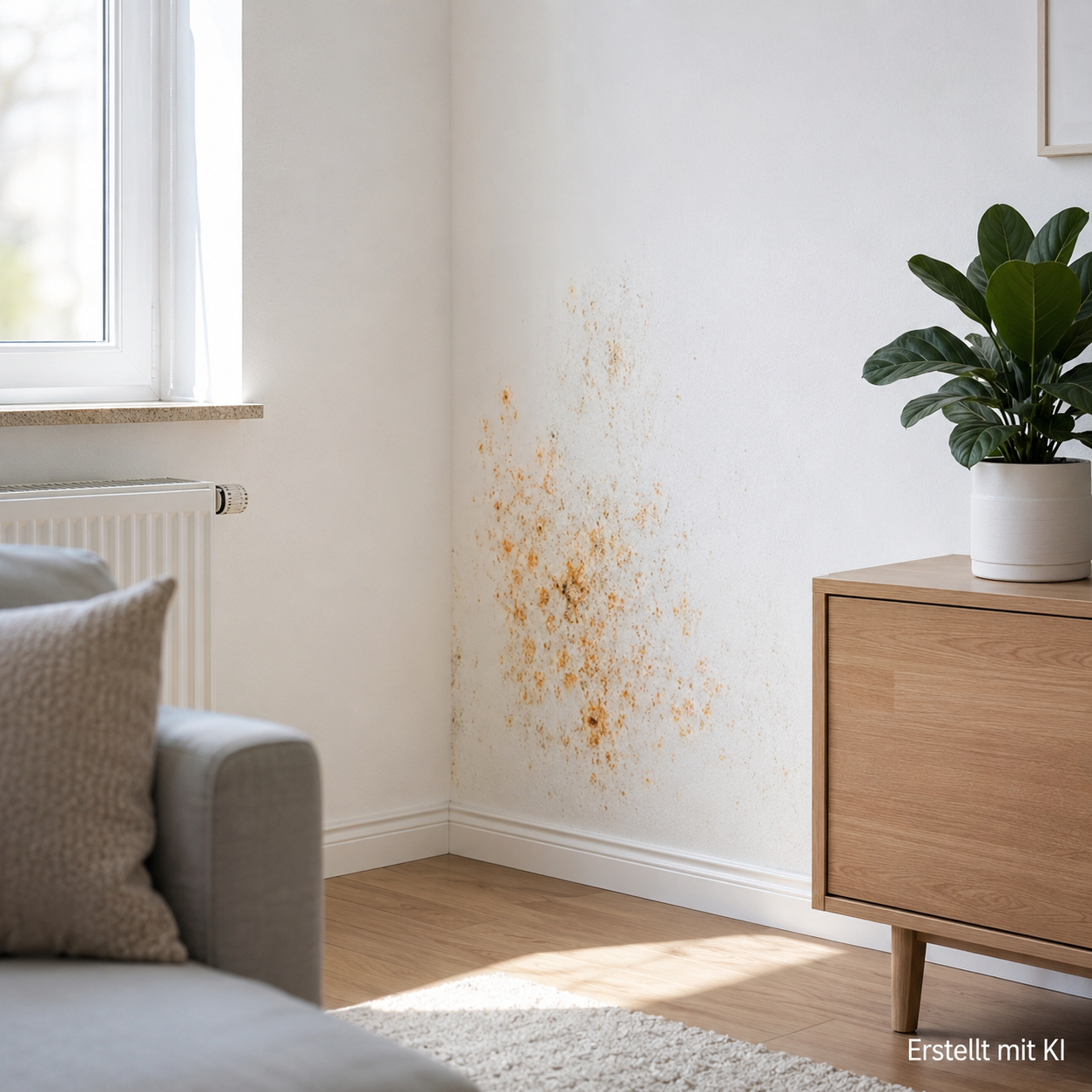 Orangefarbene Schimmelflecken an einer hellen Innenwand nahe einem Fenster.