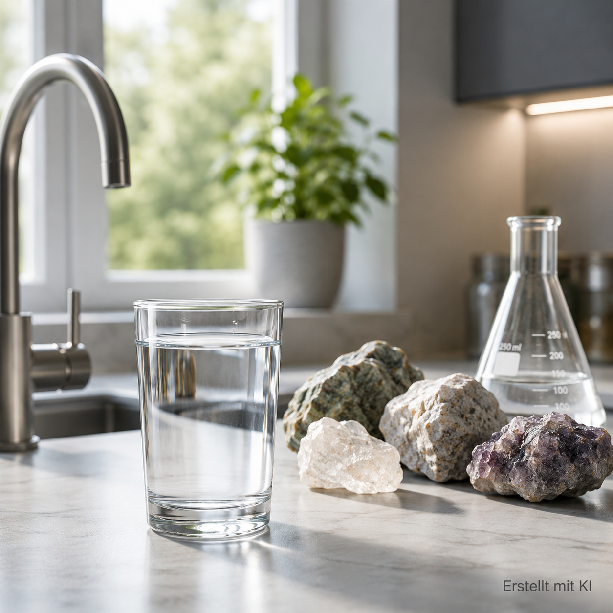 Glas mit Leitungswasser neben Wasserhahn und Mineralproben als Hinweis auf Lithium im Trinkwasser.