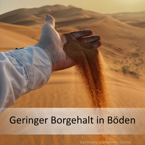 Hand in weißem Hemd lässt Sand in einer Wüstenlandschaft durch die Finger rieseln, Text 'Geringer Borgehalt in Böden' eingeblendet.