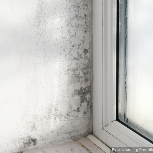 Ein Fenster mit Dreifachverglasung in einer Wand mit Schimmel.