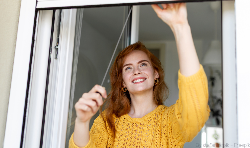 frau öffnet fenster Eine Frau schiebt ein Fenster hoch, um zu lüften.