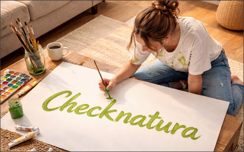 Eine junge Frau schreibt mit einem Pinsel "Checknatura" auf ein Plakat.