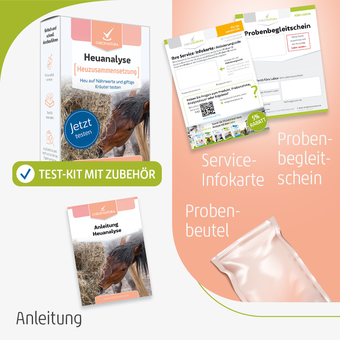 Heuanalyse-Testkit zur Heuzusammensetzung mit Zubehör: Produktverpackung, Anleitung, Service-Infokarte, Probenbegleitschein und Probenbeutel.