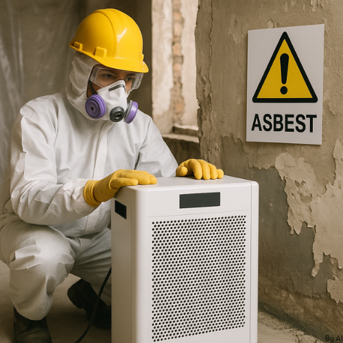 Ein Luftreiniger auf einer baustelle, der die Asbestbelastung in der Luft reduziert.