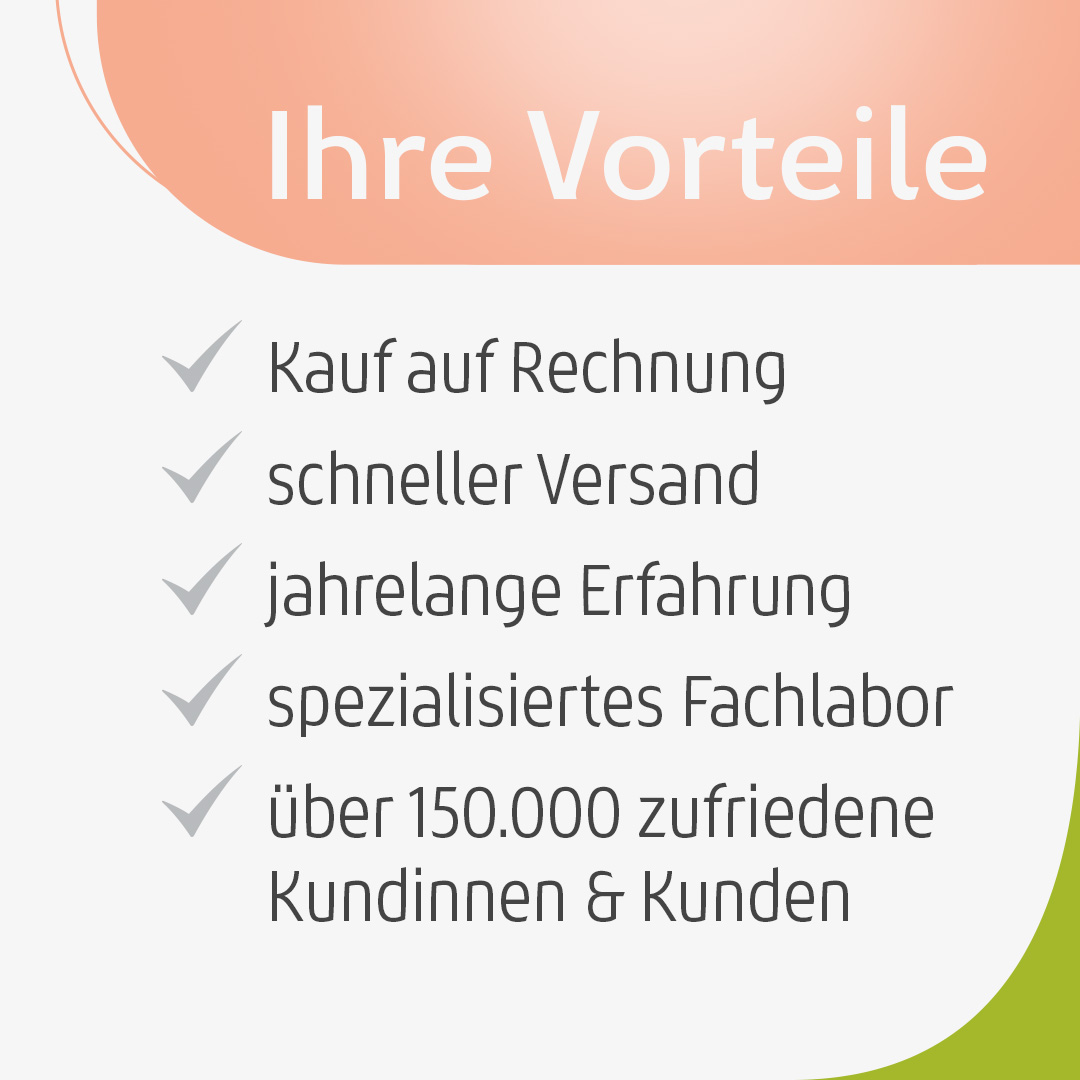 Grafik mit Vorteilen der Heuanalyse: Kauf auf Rechnung, schneller Versand, jahrelange Erfahrung, spezialisiertes Fachlabor und über 150.000 zufriedene Kundinnen und Kunden.