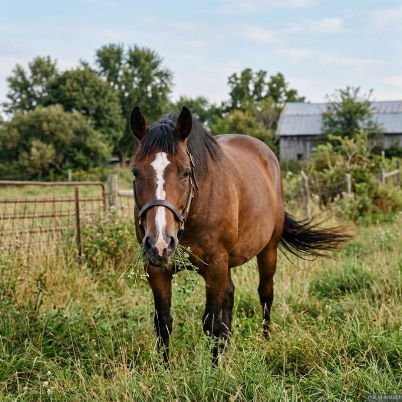 Ein übergewichtiges Pferd auf der Wiese.