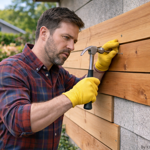 Ein Heimwerker mit kurzem braunen Haar und Bart befestigt konzentriert horizontale Holzbretter an einer Hausfassade. Er trägt ein rot-blau kariertes Hemd, gelbe Arbeitshandschuhe und einen Werkzeuggürtel. Mit einem Hammer schlägt er gerade einen sichtbare