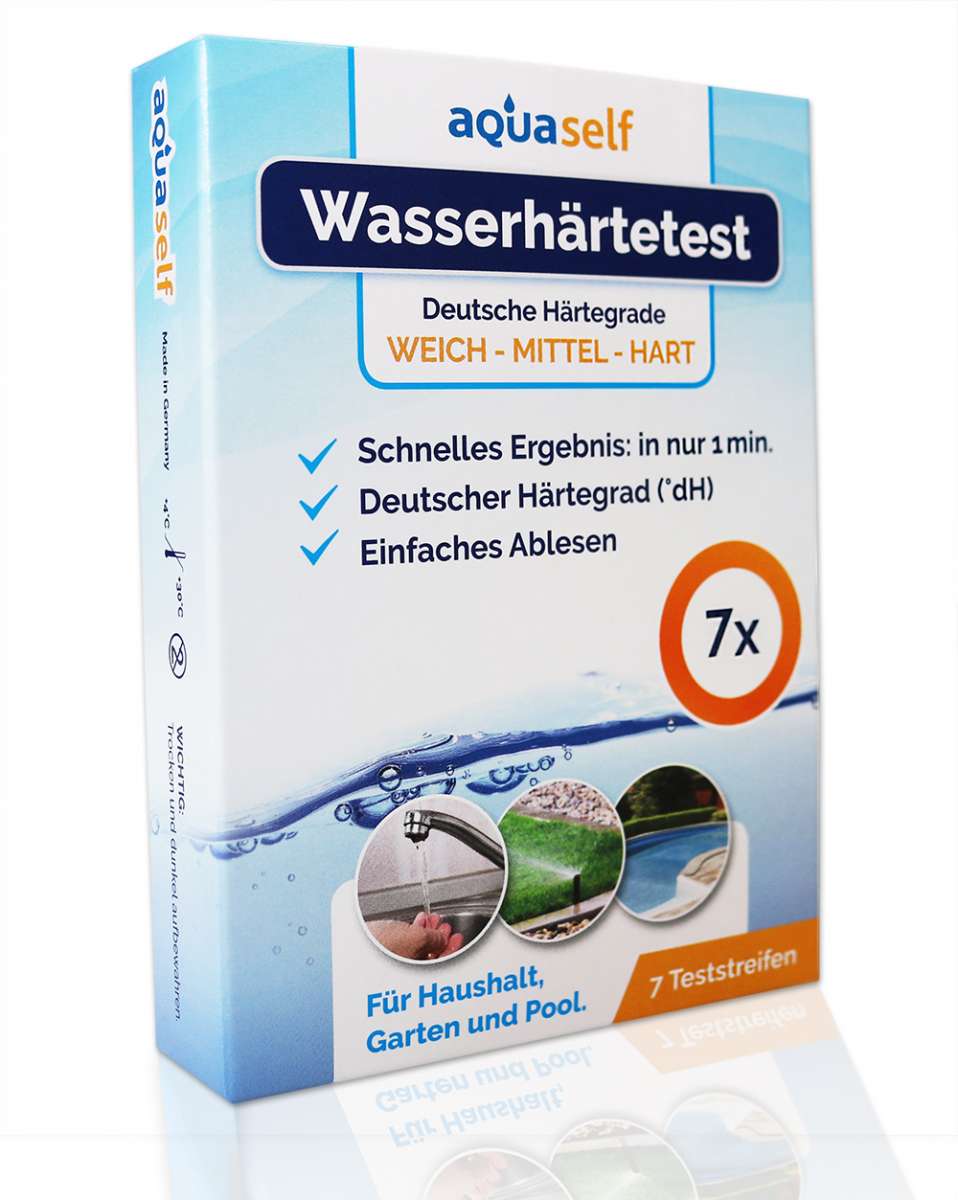 Produktverpackung des aquaself Wasserhärtetests für weiches, mittelhartes und hartes Wasser. Das Ergebnis ist innerhalb einer Minute ablesbar.