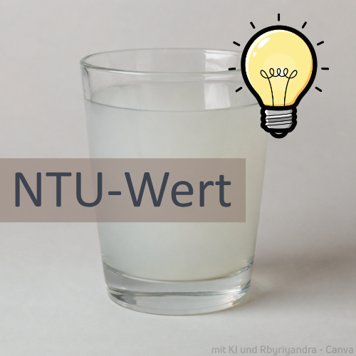 Wasserglas mit trübem Wasser vor hellem Hintergrund. Darüber liegt ein Textfeld mit der Aufschrift „NTU-Wert“, daneben ist eine gelbe Glühbirne als Symbol für eine Idee oder Erklärung zu sehen.