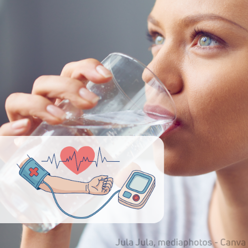 Nahaufnahme einer Frau, die ein Glas Wasser trinkt. Im Vordergrund ist eine Illustration zur Blutdruckmessung mit Arm, Manschette, Messgerät, Herzsymbol und EKG-Linie eingeblendet.