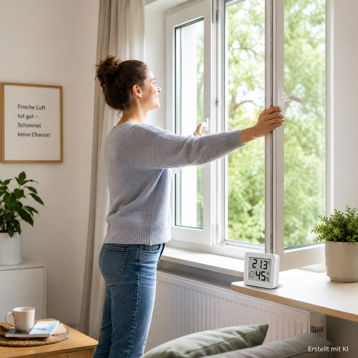 Heller Wohnraum mit geöffnetem Fenster und Hygrometer als Symbol für richtiges Lüften und Schimmelprävention.