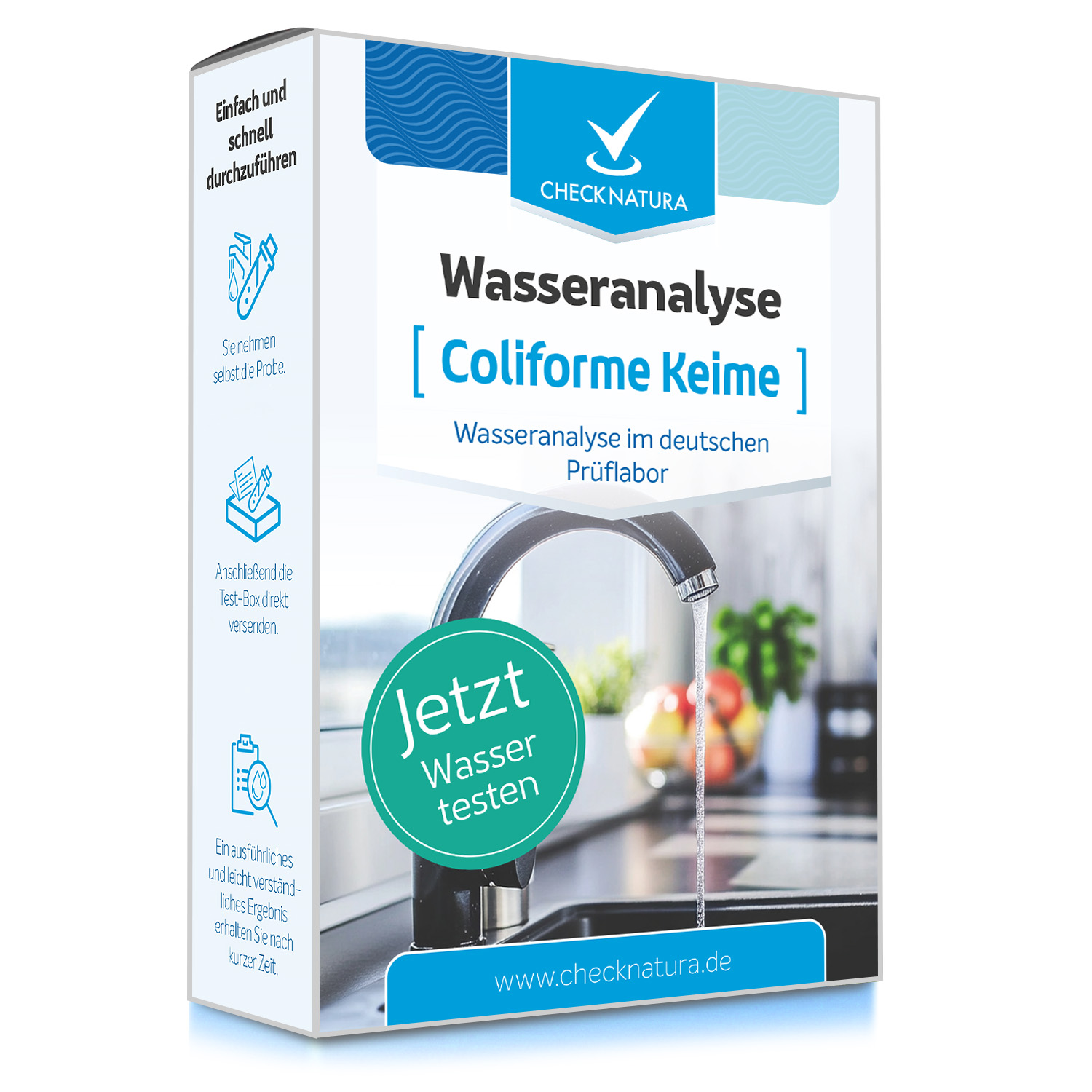 Produktverpackung eines Wasseranalyse-Testkits für coliforme Keime mit Wasserhahn-Motiv und Hinweis auf die Analyse im deutschen Prüflabor.