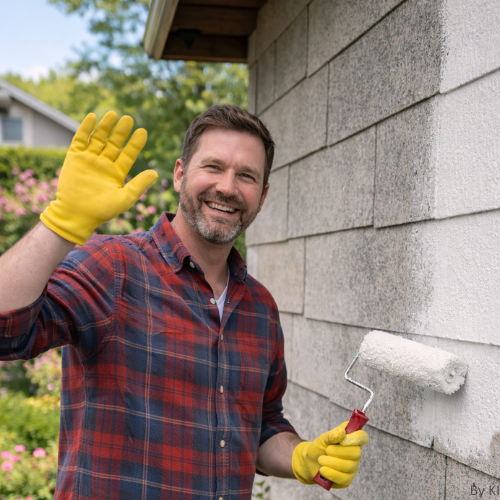 Ein Heimwerker überstreicht fröhlich seine Asbestfassade am Haus. 