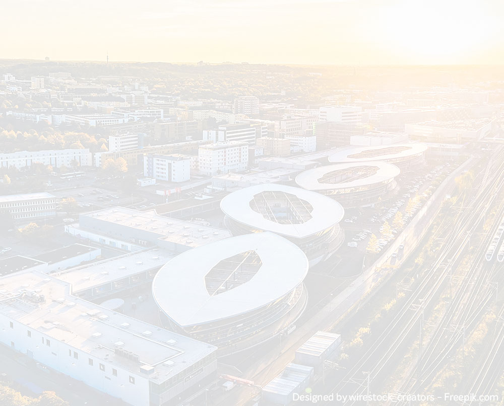 Luftaufnahme der weißen Gebäude von Wolfsburg bei malerischem Sonnenuntergang