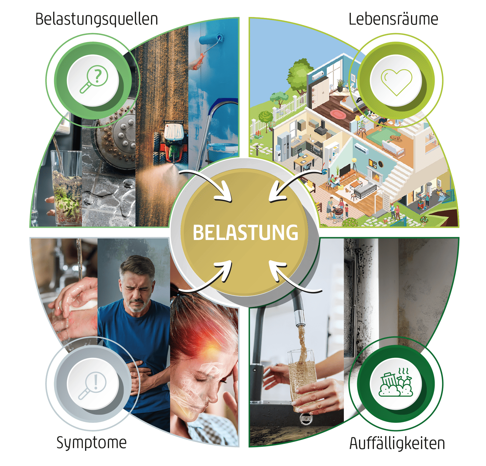 Vier Perspektiven auf ein Problem. Die Grafik verdeutlicht die Funktionsweise der Belastungsfinder: In der Mitte steht die Belastung und außen herum sind die vier Belastungsfinder angeordnet, namentlich Belastungsquellen, Symptome, Lebensräume und Auffäll