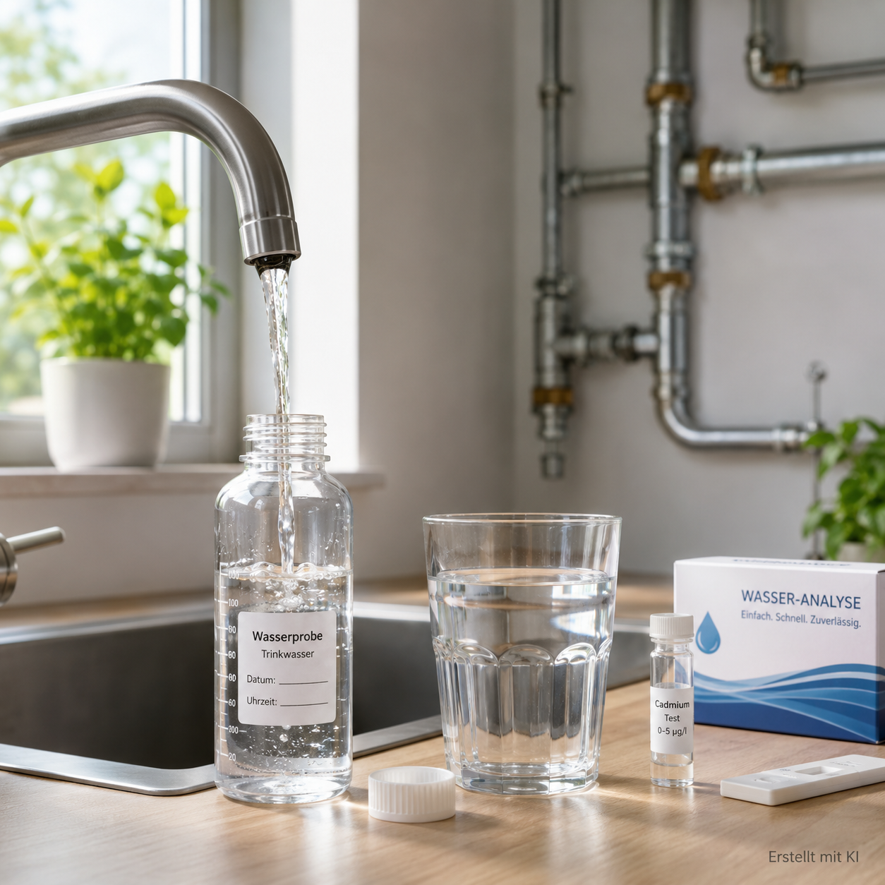 Probenflasche mit klarem Trinkwasser an einem modernen Wasserhahn zur Untersuchung auf Cadmium.