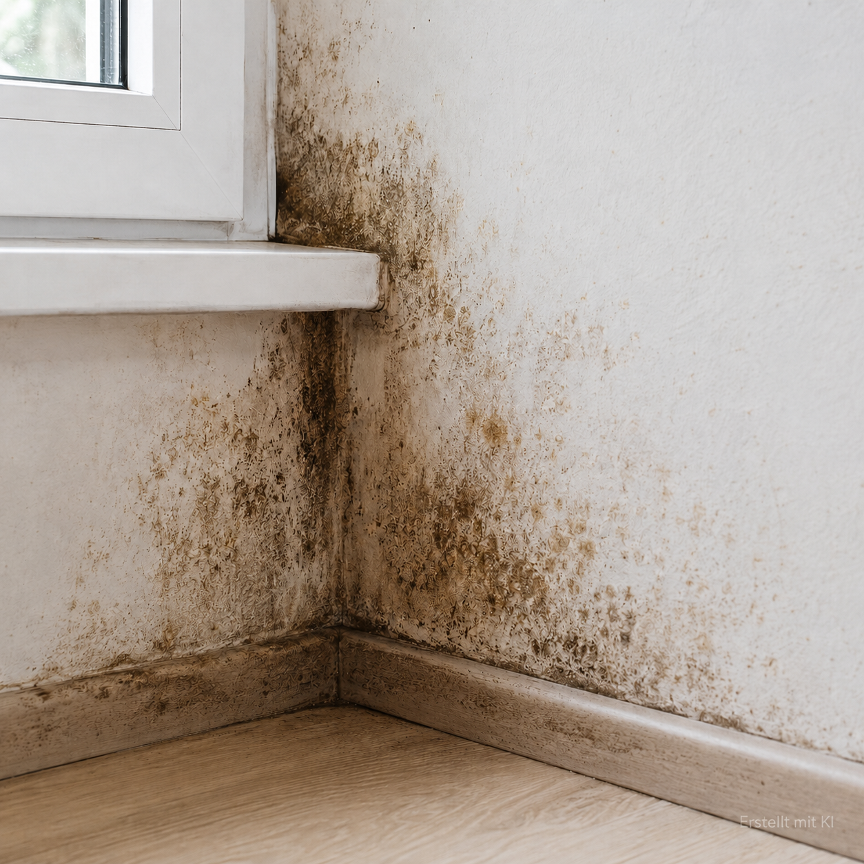 Brauner Schimmelbefall an einer Innenwand neben einem Fenster mit sichtbaren Feuchtigkeitsspuren in der Zimmerecke.