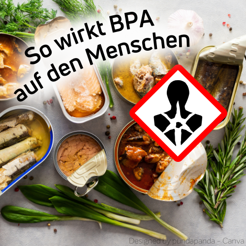 Mehrere geöffnete, mit BPA kontaminierte Konservendosen. Darüber das Gesundheitsgefahrensymbol “Langfristige Gesundheitsgefahr GHS” und der Text: “So wirkt BPA auf den Menschen”.