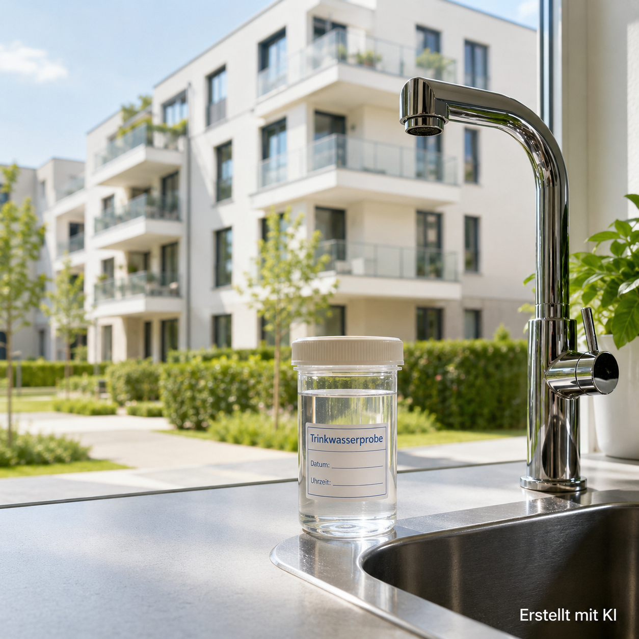 Wasserprobe vor einem modernen Mehrfamilienhaus zur Legionellenprüfung im Trinkwasser.