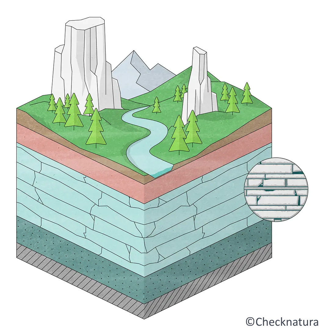 Grafische Darstellung eines Karst-Grundwasserleiters.