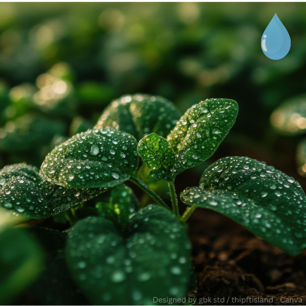 Grüne Pflanze mit feuchten Blättern, auf denen Wassertropfen sichtbar sind.