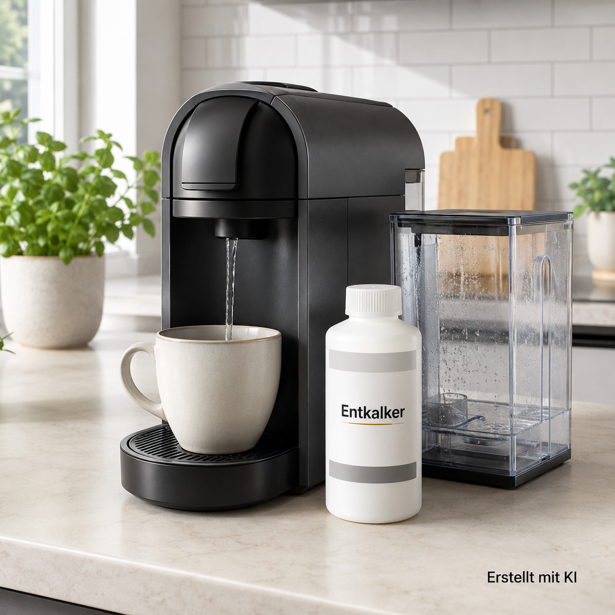 SENSEO®-Kaffeemaschine auf einer hellen Küchenarbeitsplatte während des Entkalkens.