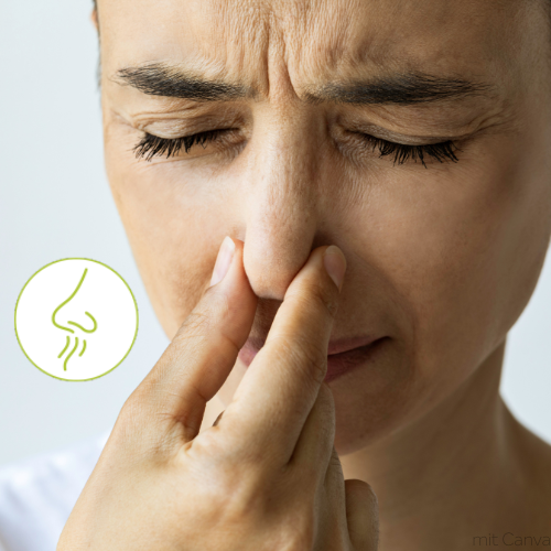 Eine Frau hält sich die Nase zu und legt die Stirn in Falten. Daneben ein Icon für auffällige Gerüche.